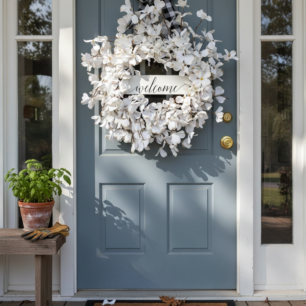 White Dogwood Flower Wreath for Front Door