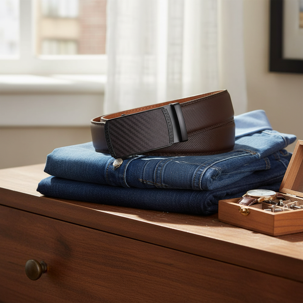Men's Leather Belt with Automatic Ratchet Buckle