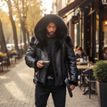 Men's Sheepskin Leather Motorcycle Jacket with Fur Hood