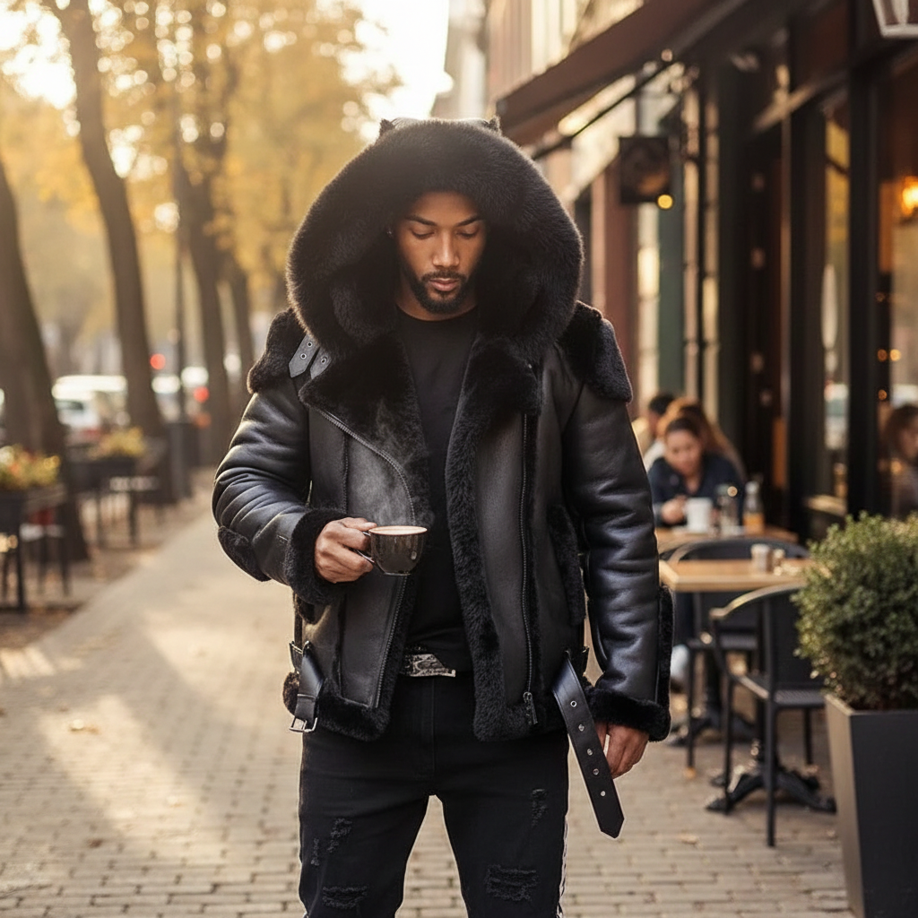 Men's Sheepskin Leather Motorcycle Jacket with Fur Hood