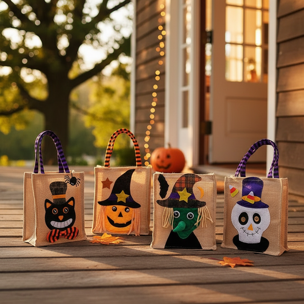 Halloween Treat Bag with Pumpkin Cat Witch Skull Design