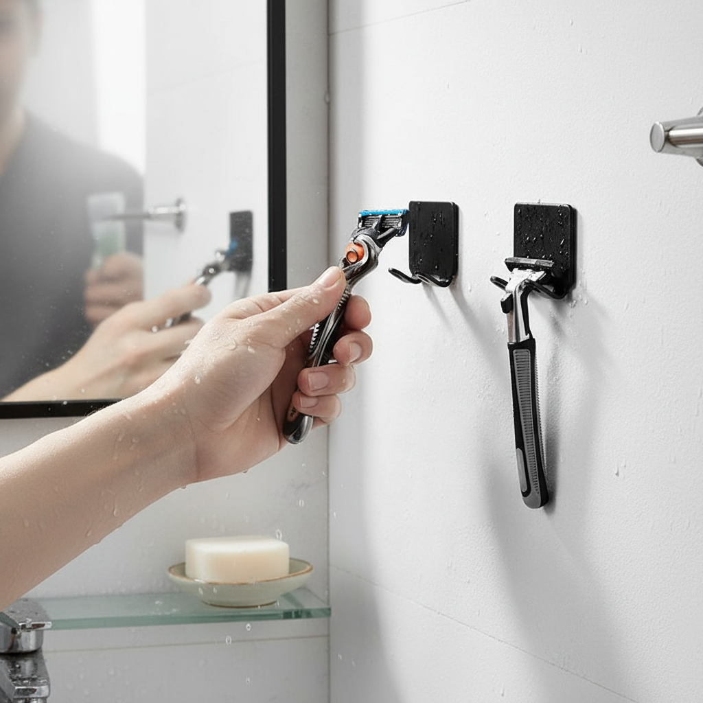 Wall Mounted Toothbrush Holder - Adhesive Black Aluminum