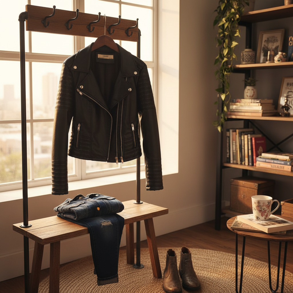 Synthetic Leather Biker Jacket with Zip Closure