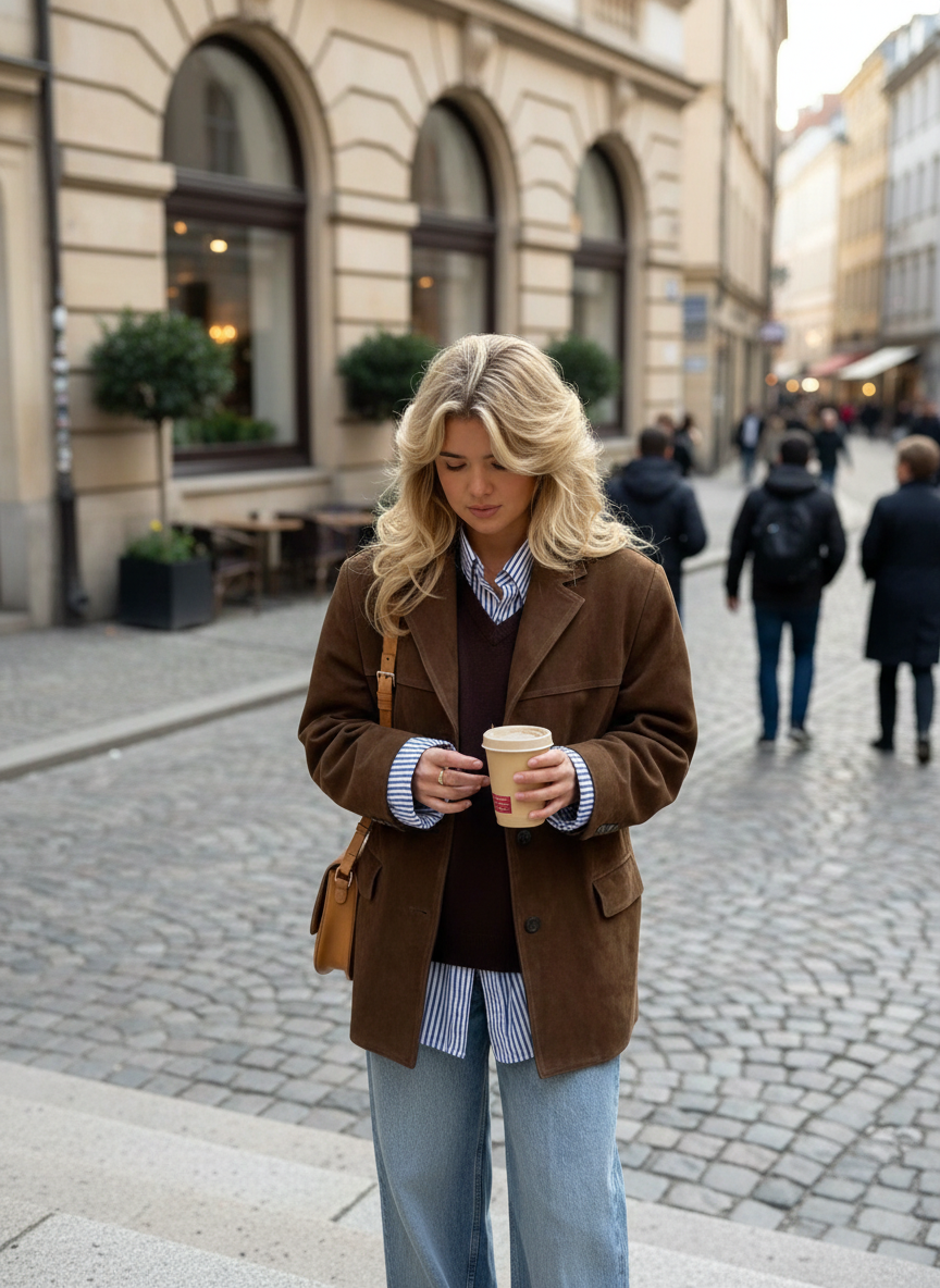 Brown Single-Breasted Jacket with Turtleneck