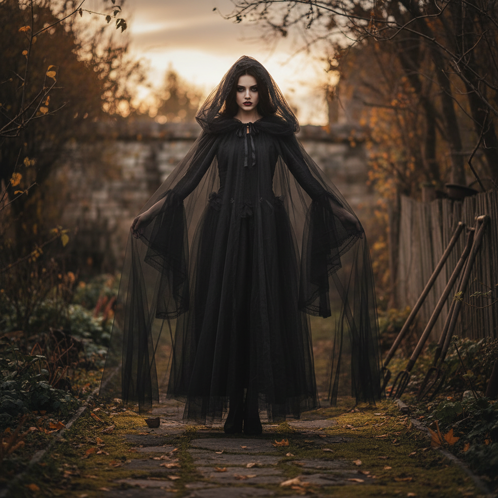 Women's Black Witch Halloween Costume Cape & Hood