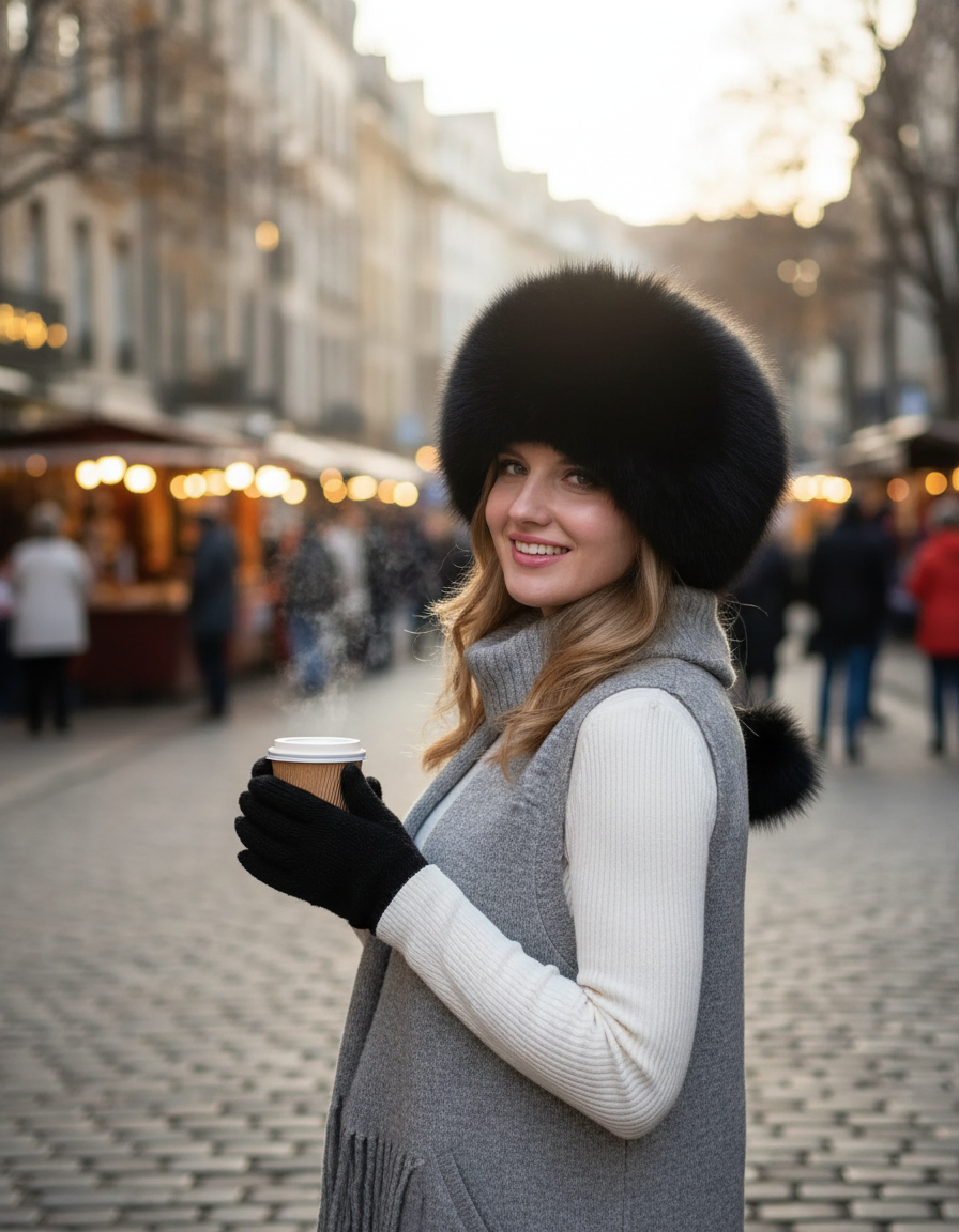 Women's Natural Fox Fur Winter Hat with Earmuffs