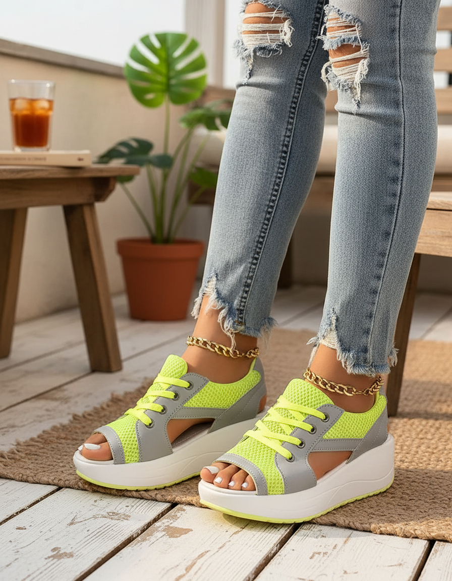Contrast Paneled Lace-Up Flat Sandals with Cutout Details