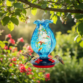 Hand Blown Glass Hummingbird Feeder - Ocean Blue