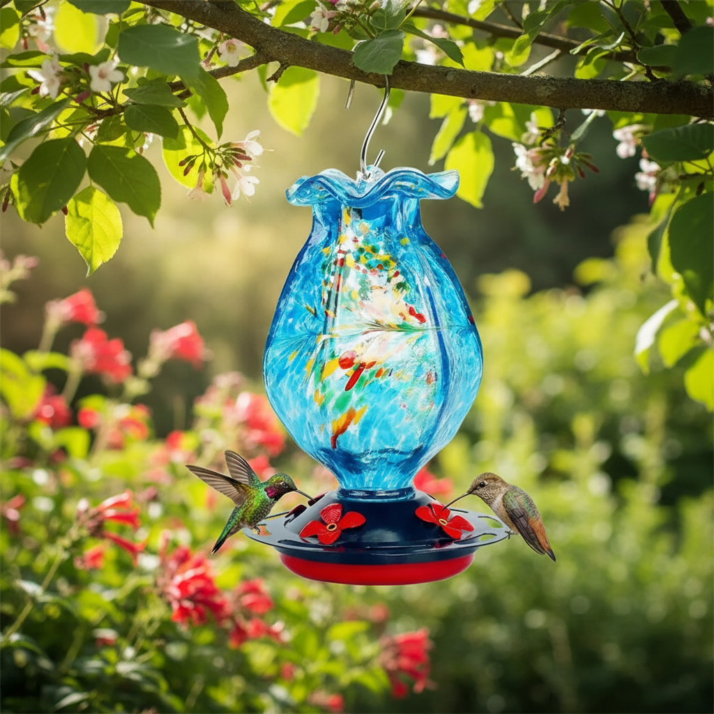 Hand Blown Glass Hummingbird Feeder - Ocean Blue
