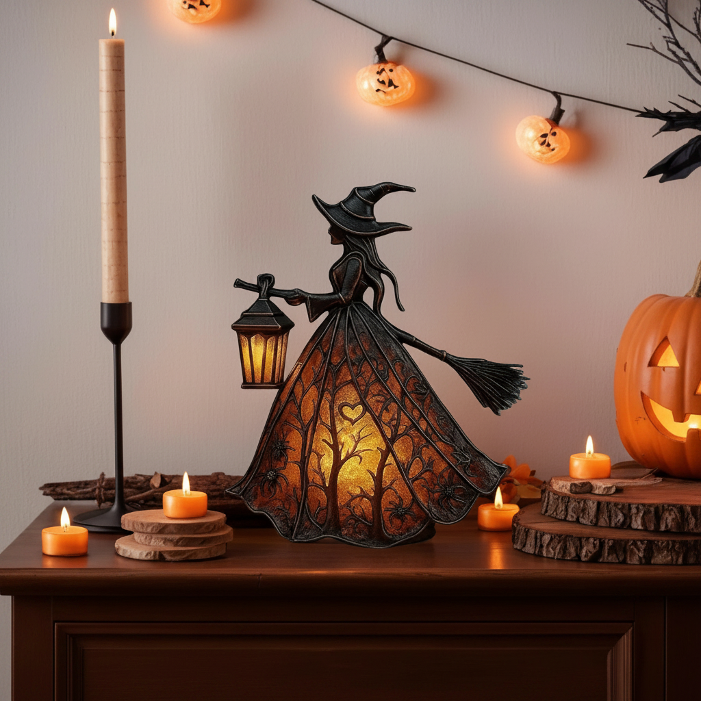 Witch Table Lamp - Halloween Desk Light with Stained Glass