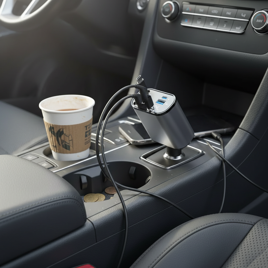4-in-1 Retractable Car Charger with USB-C & Lightning