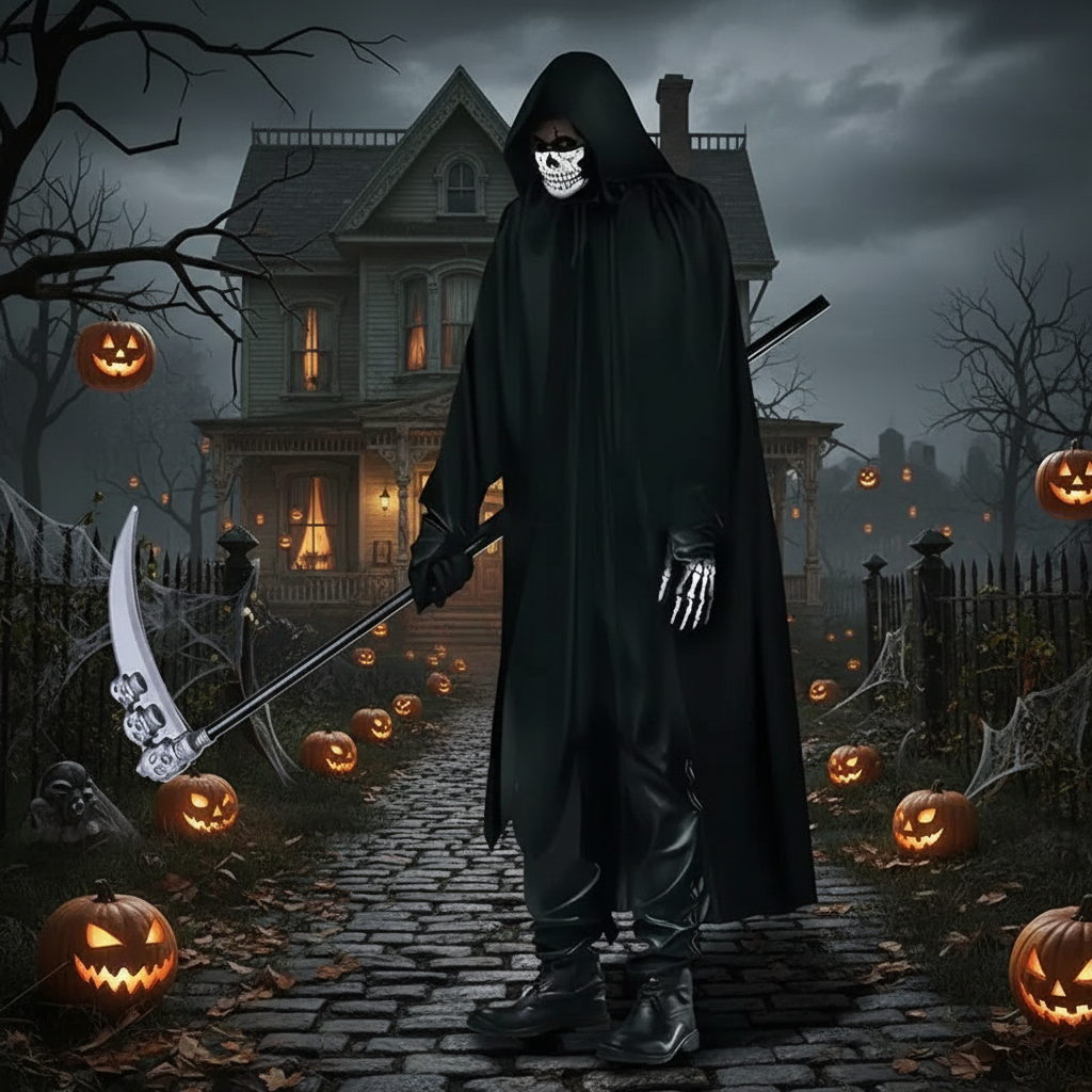 Adult Death Costume with Light-Up Eyes & Scythe