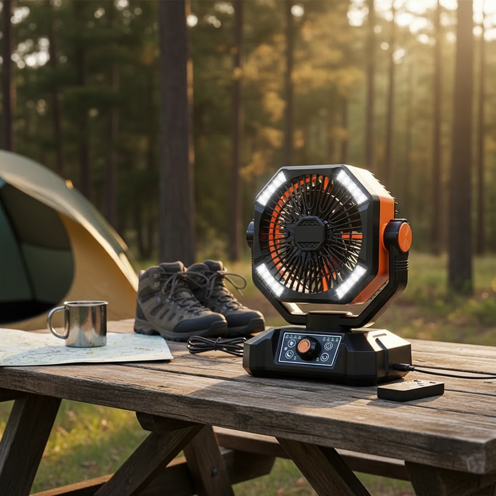 Portable Camping Fan with LED Light & USB Charging