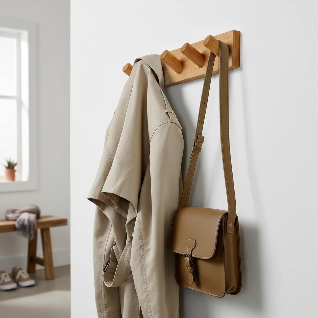 Scandinavian Wooden Wall Coat Rack with 5 Large Hooks