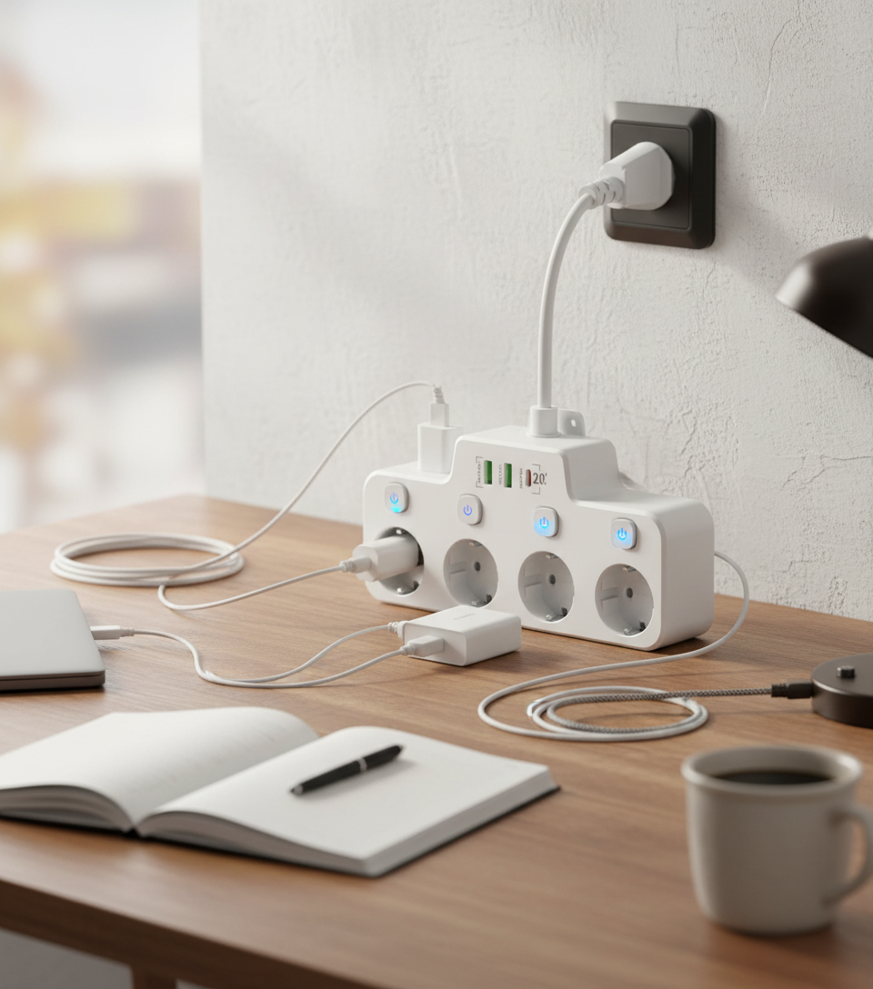 Wall-Mounted Rotatable Power Strip with USB Charging