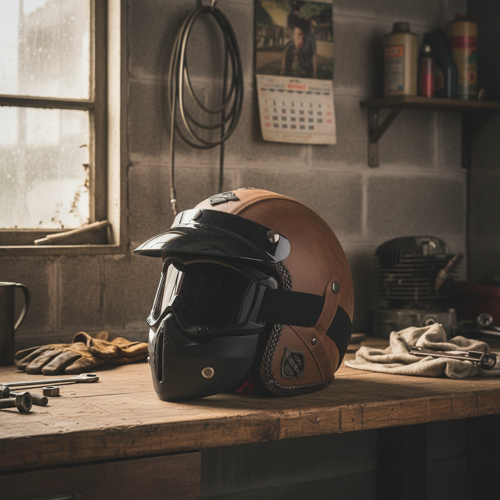 Vintage Open Face Motorcycle Helmet with Goggle Mask