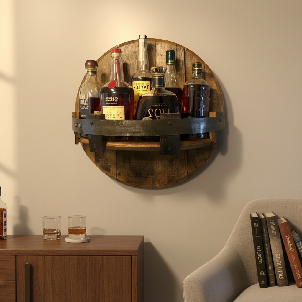 Bourbon Barrel Shelf - Rustic Whiskey Display