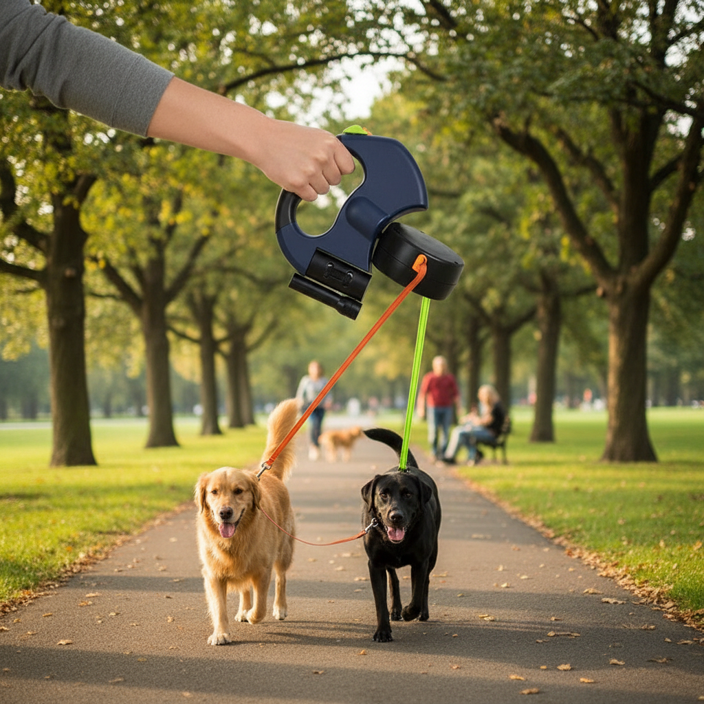 Dual Dog Leash with LED Flashlight & Waste Bag Holder