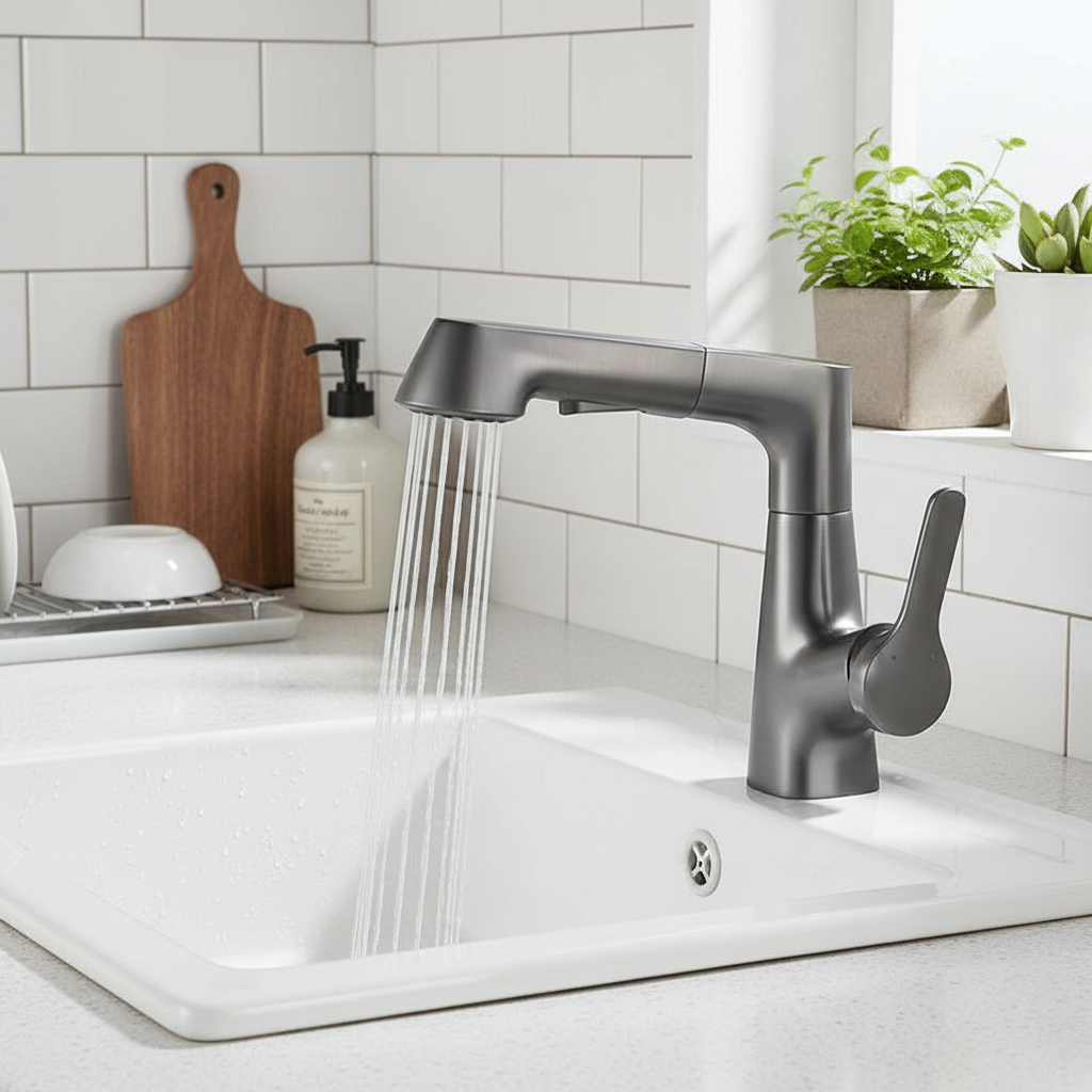 Rotating Retractable Bathroom Faucet with Hand Shower