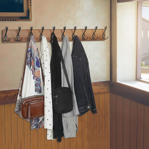 38" Wooden Wall Coat Rack with 10 Hooks