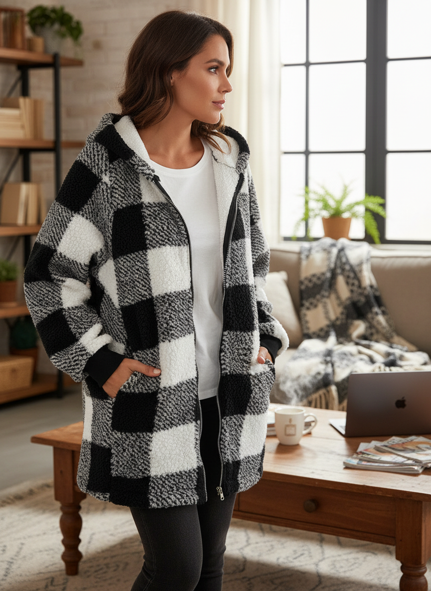 Women's Oversized Plaid Hoodie - Loose Fit Long Sleeve