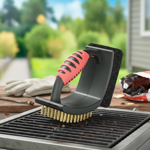 3-in-1 Grill Brush with Brass Bristles and Scraper