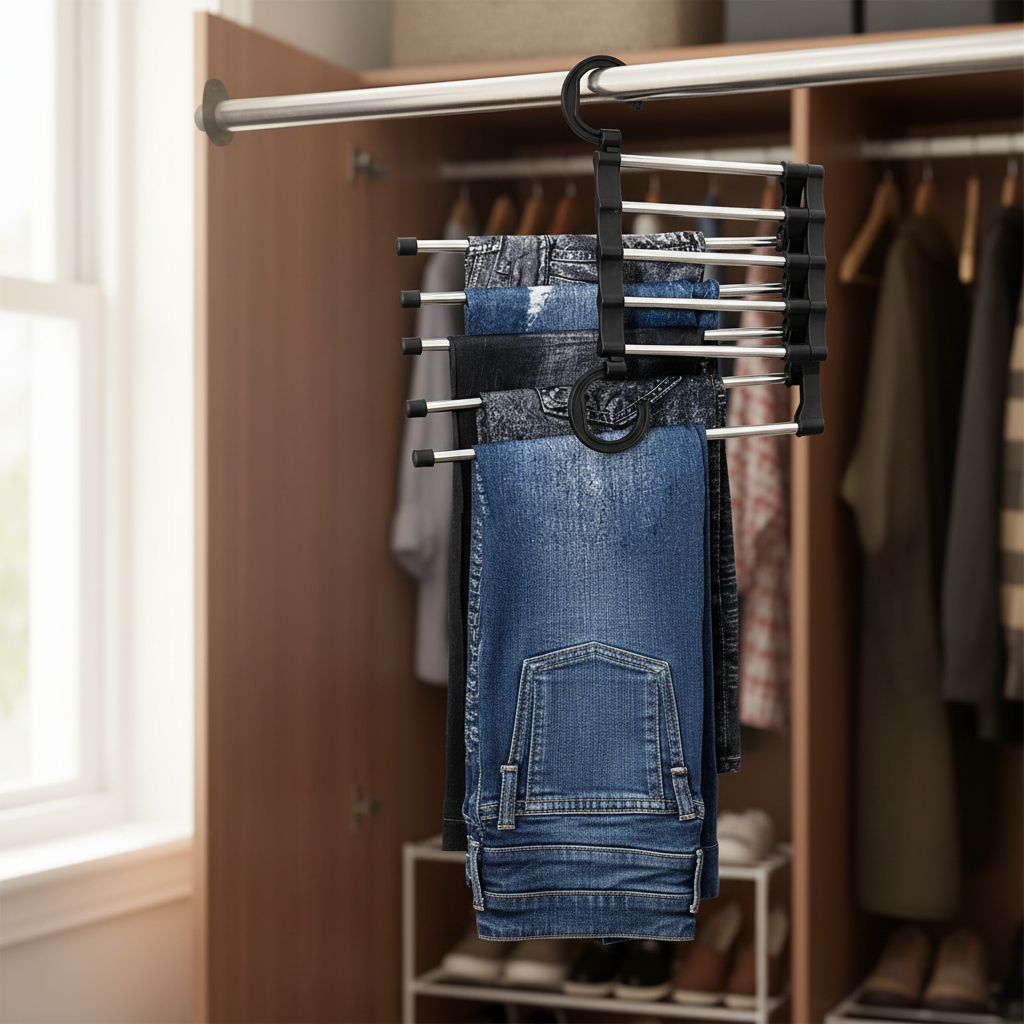Multi-Functional Pants Hanger with 5-Rod Storage