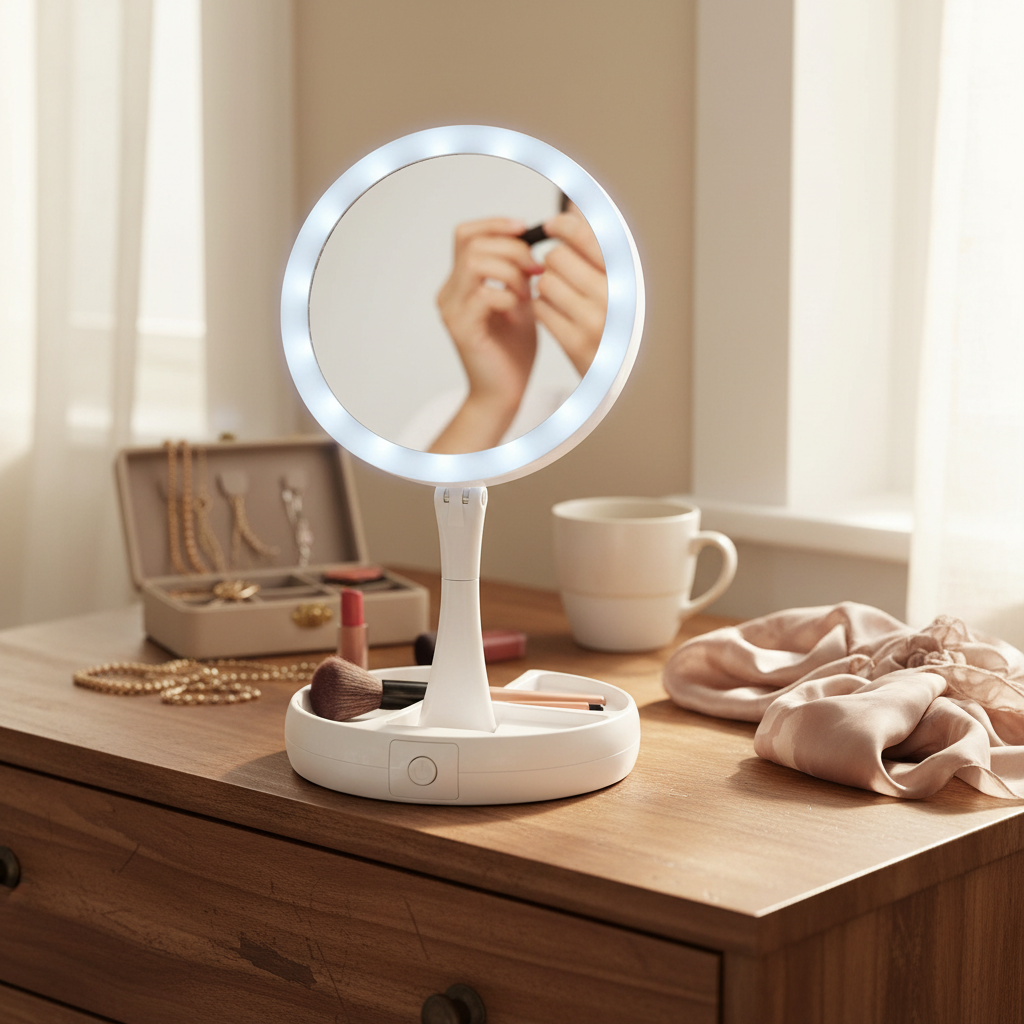 LED Folding Vanity Mirror with Ring Light