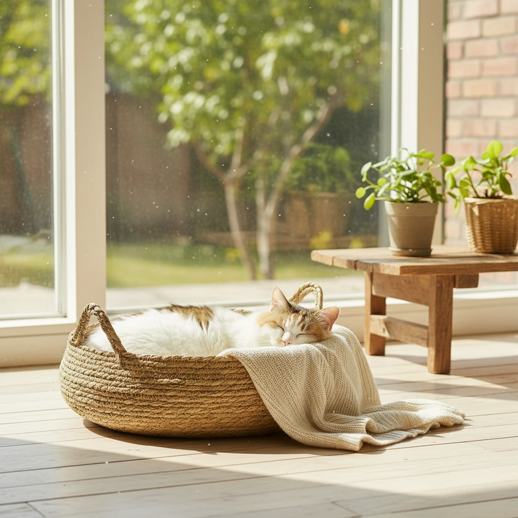 Handmade Woven Cat Bed with Removable Pad