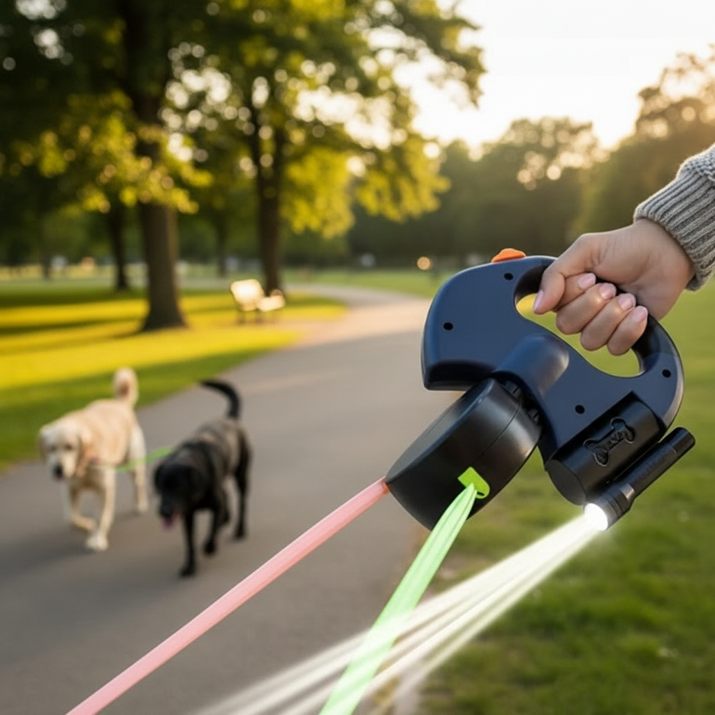 Dual Retractable Dog Leash with Flashlight & Waste Bag