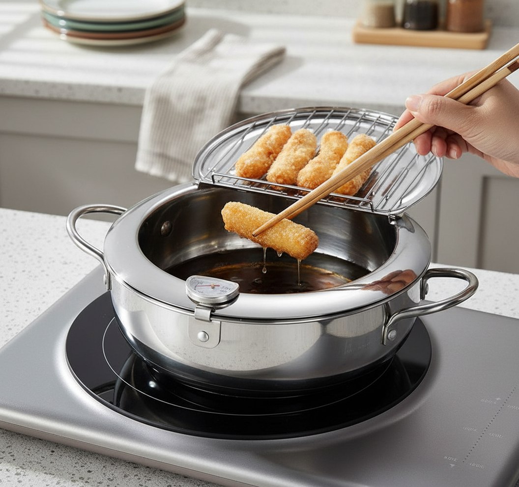 Japanese Deep Frying Pot with Lid & Thermometer