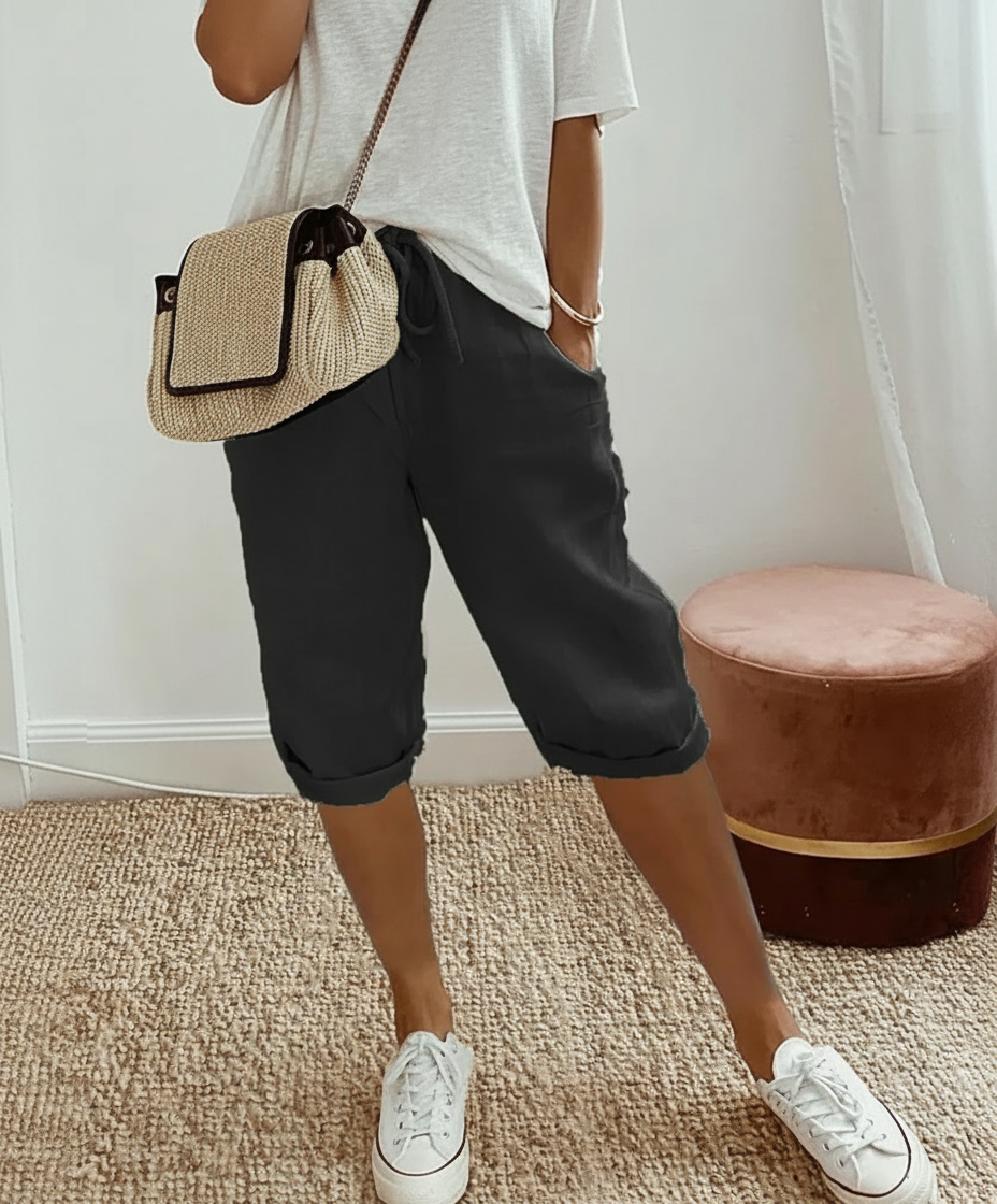 Women's Linen-Look Knee Breeches High-Waist Stretch Shorts