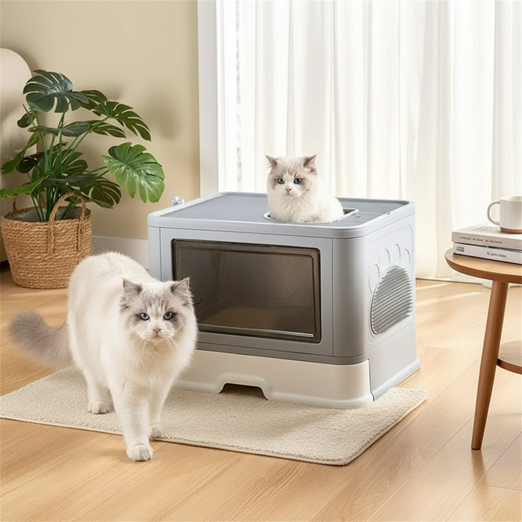 Enclosed Cat Litter Box with Top Exit & Paw Cleaner