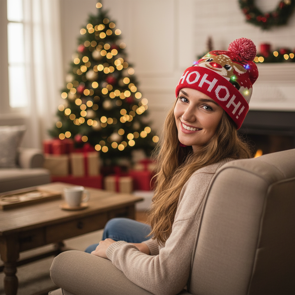 LED Light Up Christmas Hat with Pom Pom