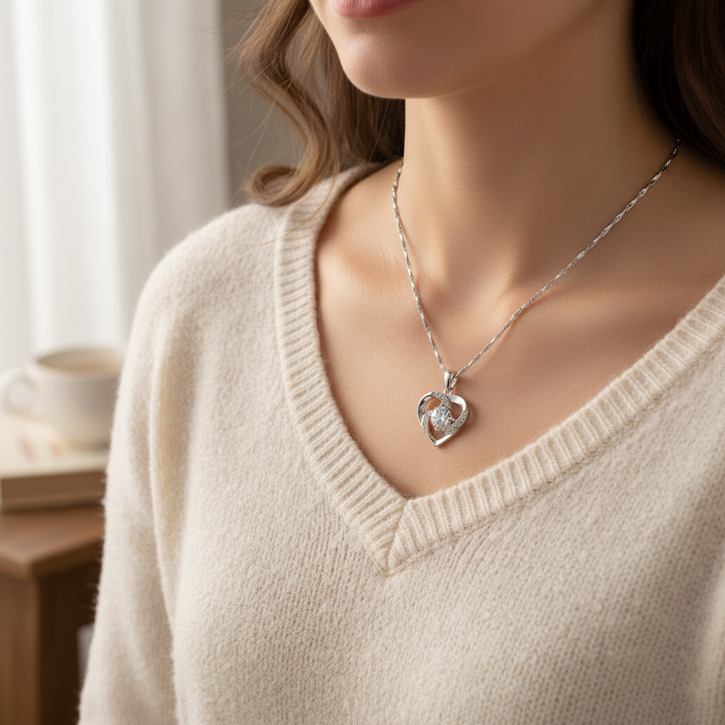 Crystal Heart Necklace - 925 Sterling Silver CZ Pendant