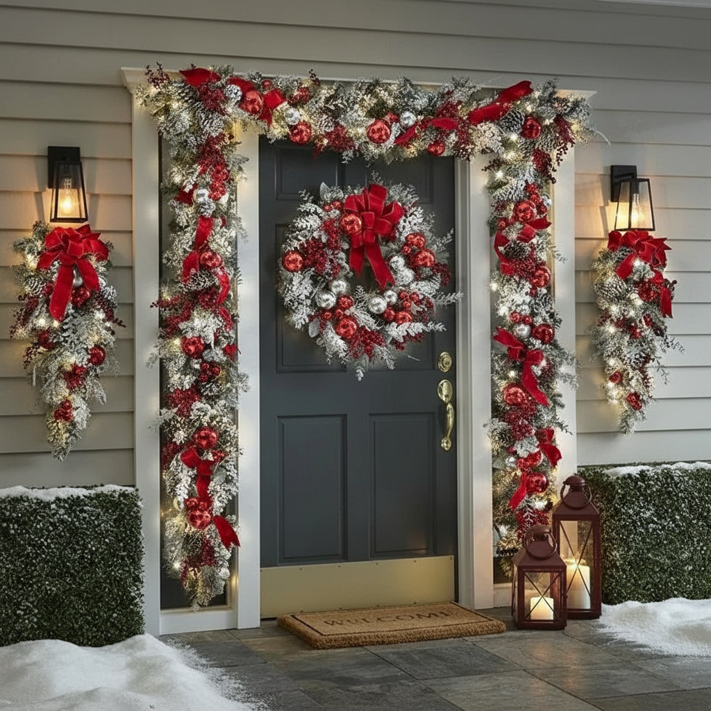 Christmas Door Wreath Decoration Set with Ribbons & Berries