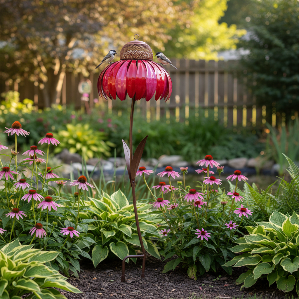 Outdoor Flower Bird Feeder with Metal Petals