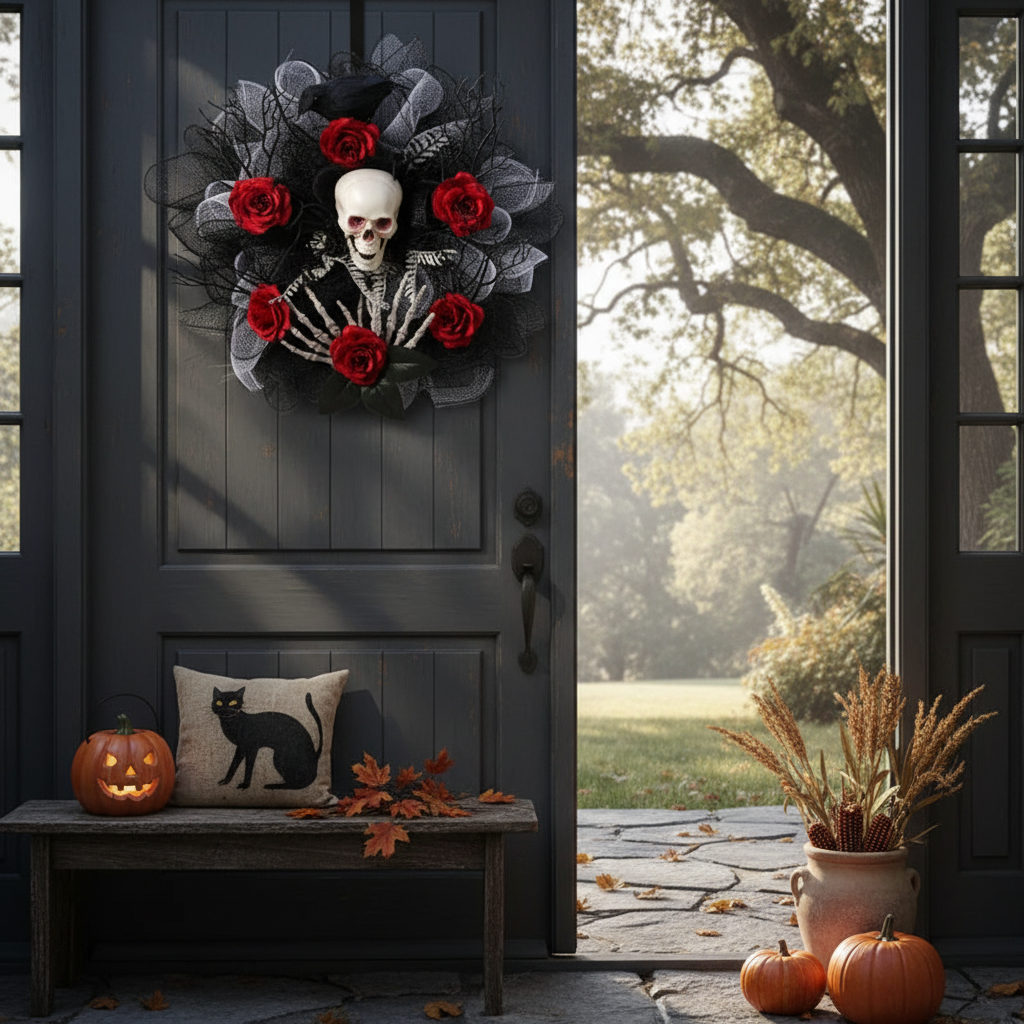 Halloween Skull & Red Rose Front Door Wreath Garland