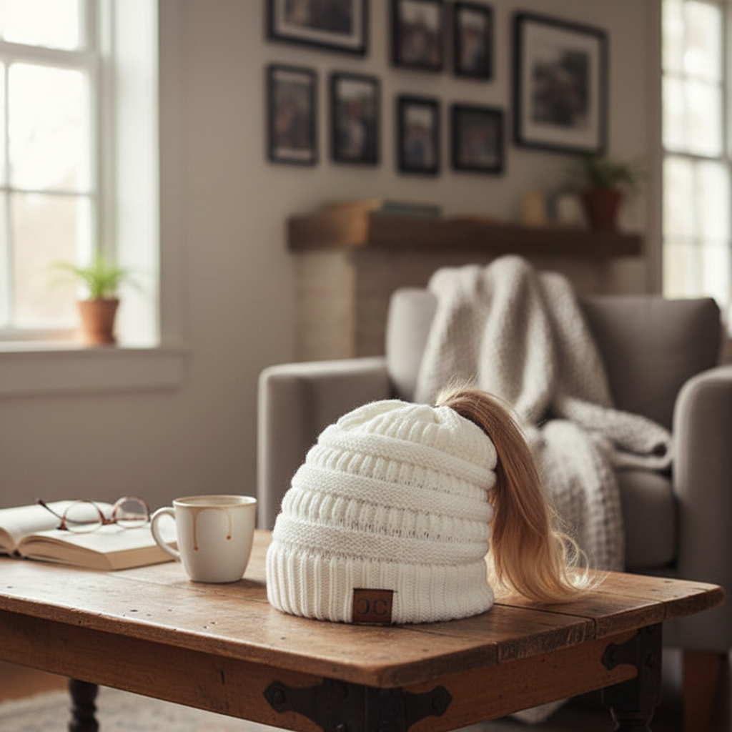 Women's Ponytail Beanie with Messy Bun Hole