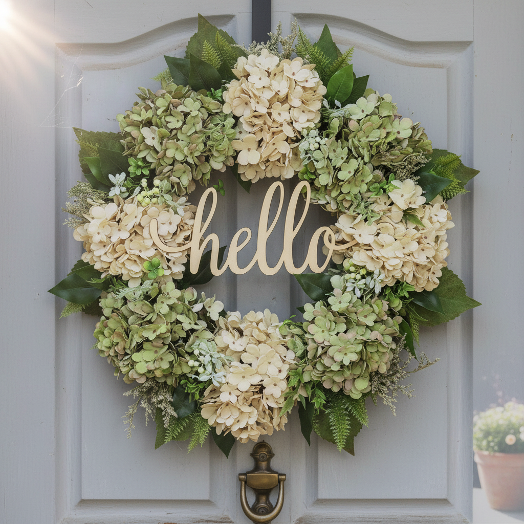 Green Hydrangea Wreath with Hello Sign