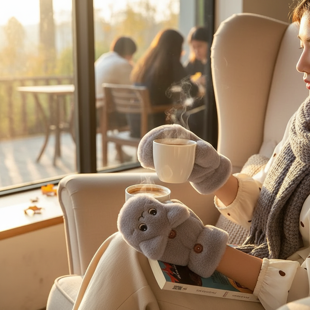 Plush Animal Fingerless Gloves with Flip Mitten Design