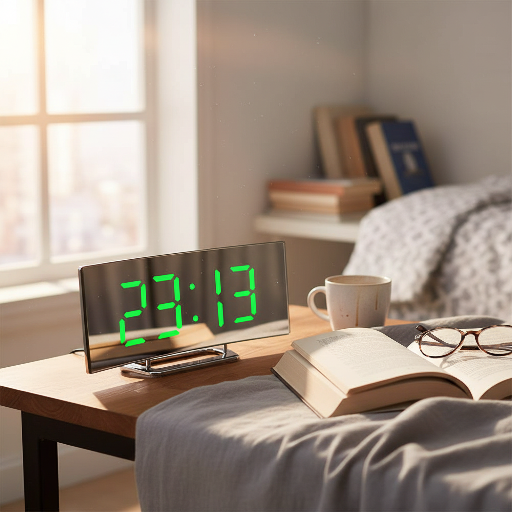 Curved LED Digital Alarm Clock with Mirror Display