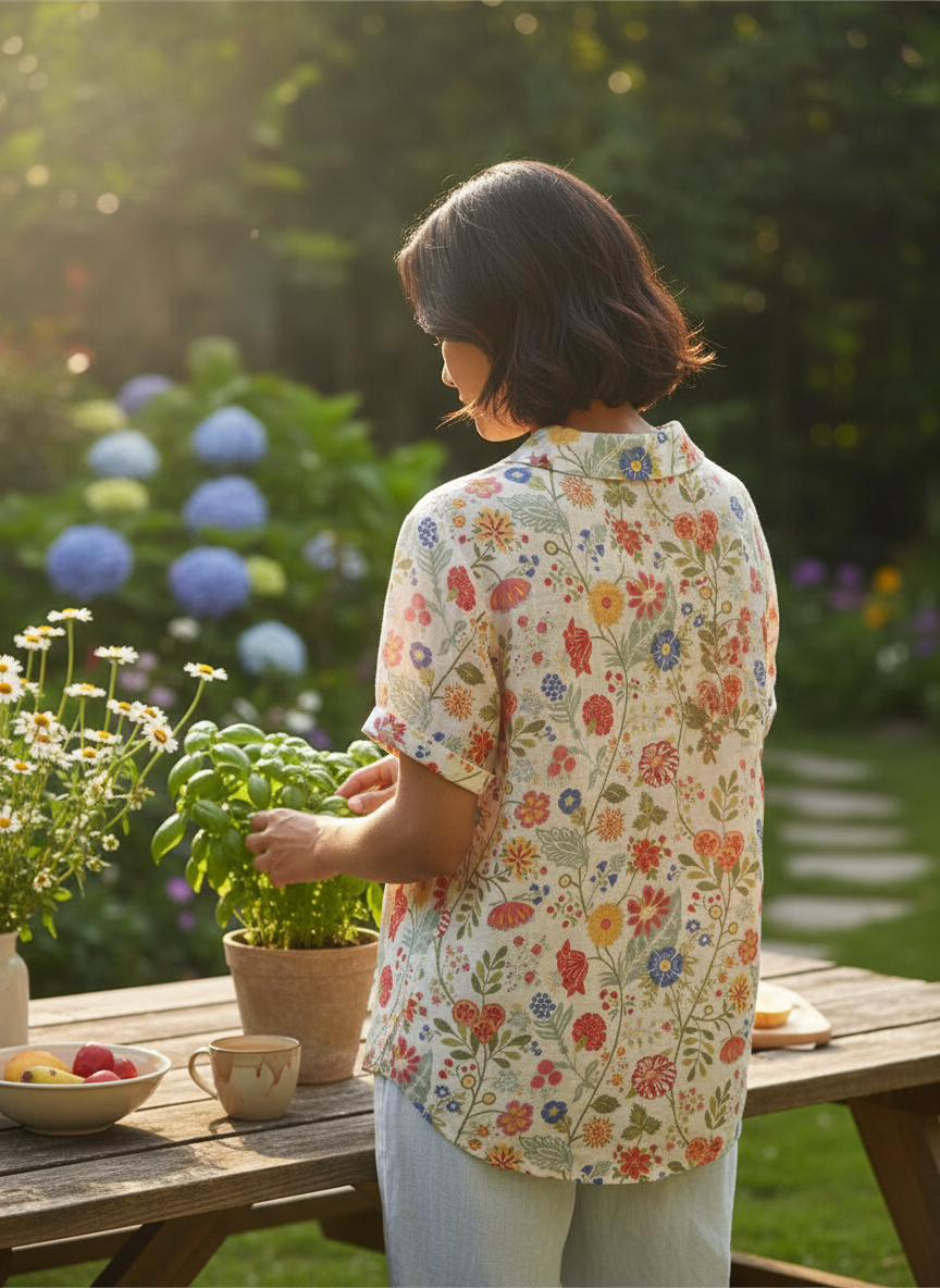 Women's Cotton Linen Casual Shirt with Floral Print