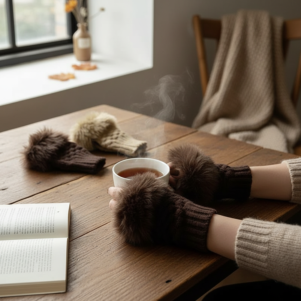 Faux Fur Fingerless Winter Gloves with Hand Warmer