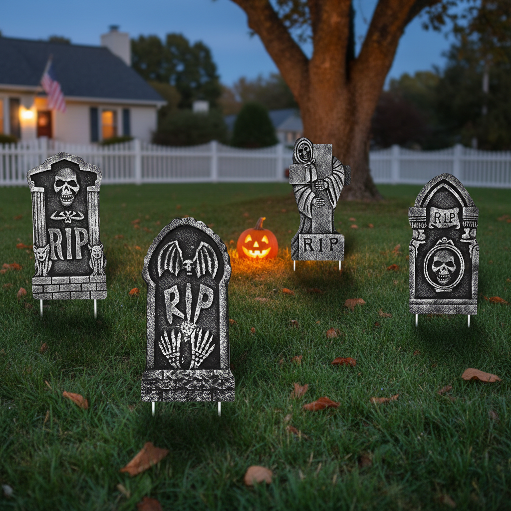 Halloween Tombstone Gravestones with Stakes - Set of 4
