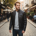 Men's Classic Leather Biker Jacket with Stand Collar