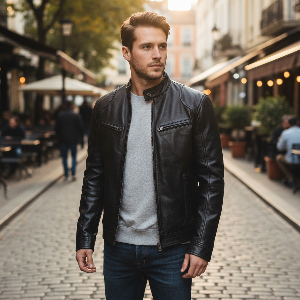 Men's Classic Leather Biker Jacket with Stand Collar