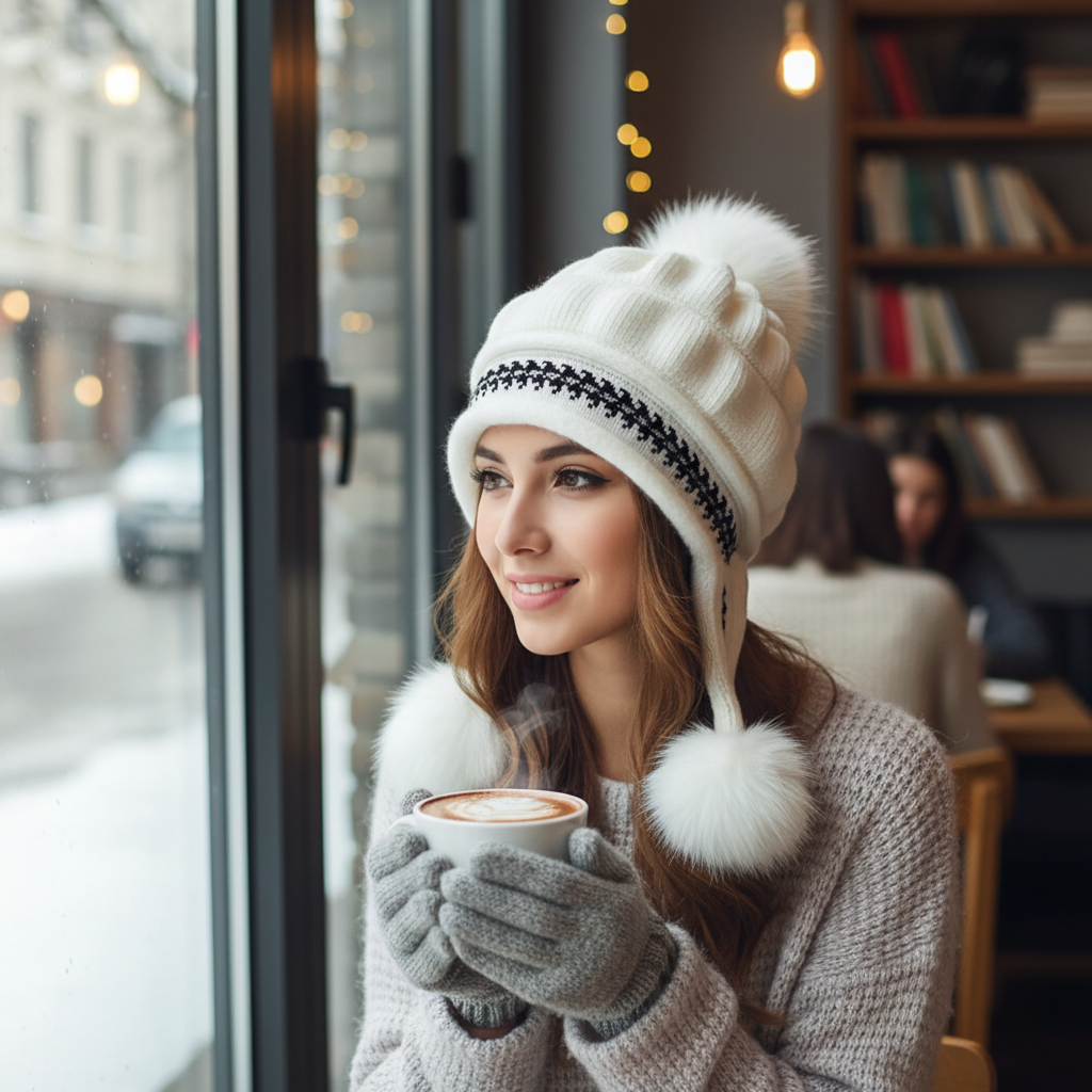 Fleece Lined Winter Beanie with Faux Fur Pom Pom