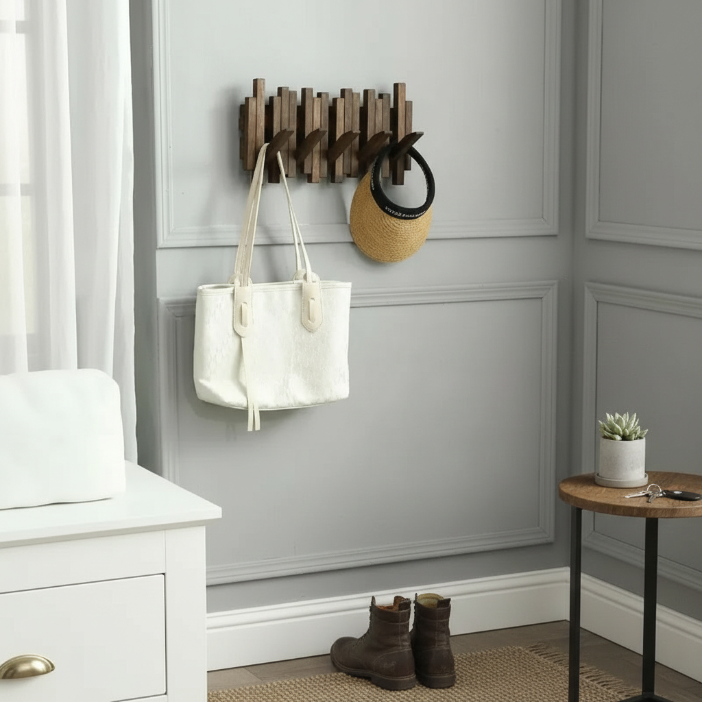 Natural Wood Flip-Down Coat Hooks Wall Mount