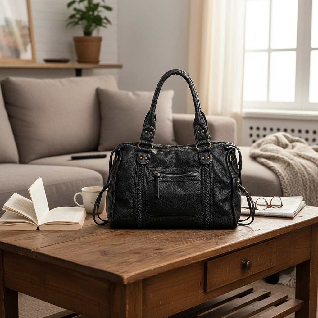 Black PU Leather School Handbag with Adjustable Strap